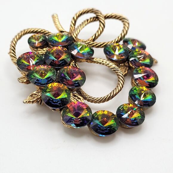 Vintage Unsigned Watermelon Heliotrope Rivoli Brooch 2" Gold Tone Rope Bow - Picture 3 of 8